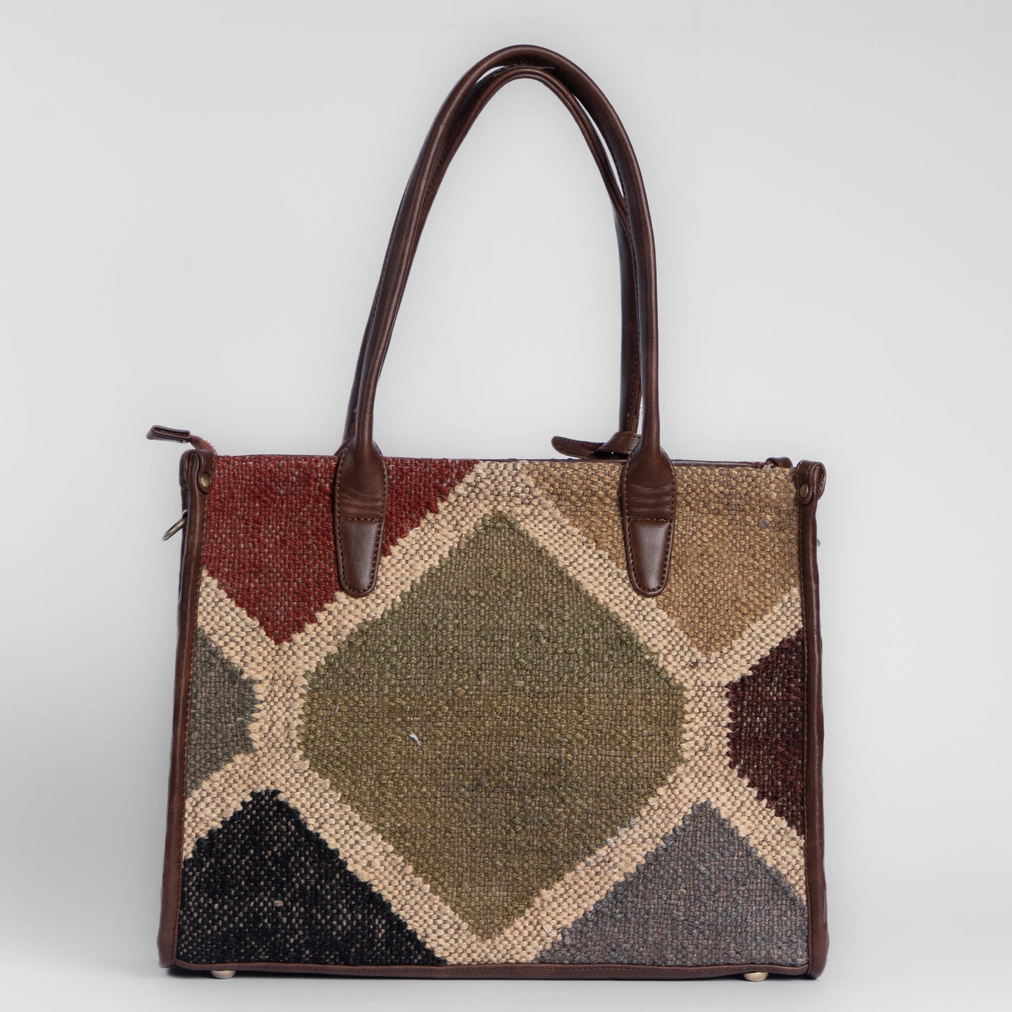 Gemstone Mosaic Multi-Color Shoulder Bag with Brown Leather Trim | Handwoven Everyday Tote Bag