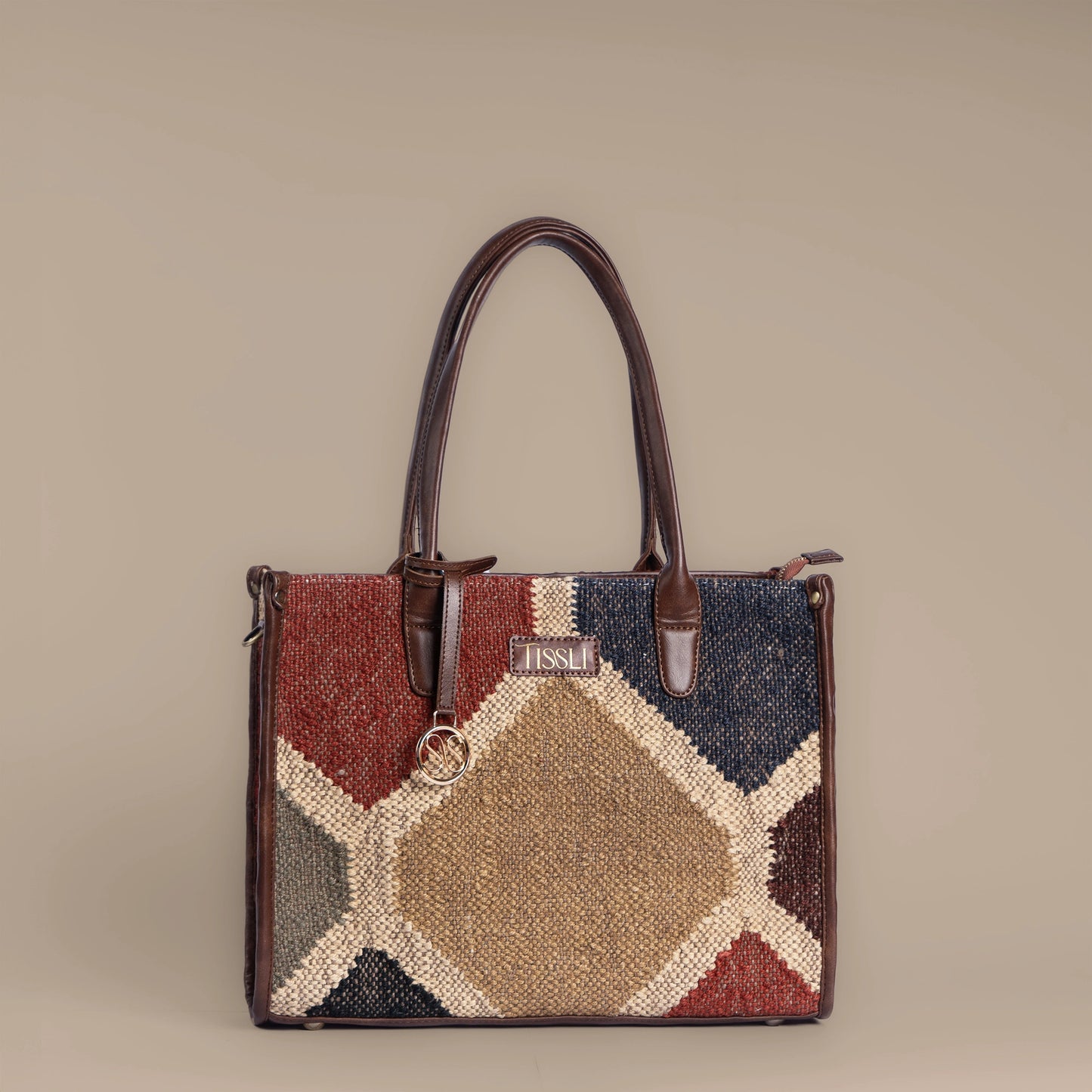 Gemstone Mosaic Multi-Color Shoulder Bag with Brown Leather Trim | Handwoven Everyday Tote Bag