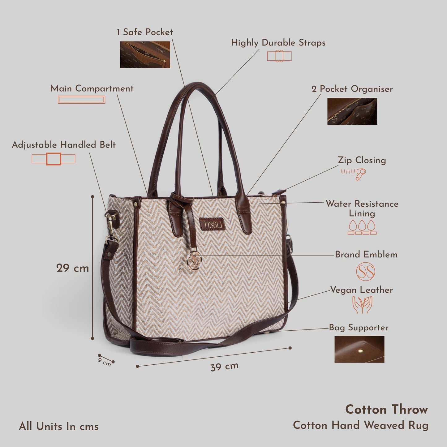 Desert Mirage Beige Chevron Tote Bag with Brown Leather Base | Handwoven Everyday Shoulder Bag