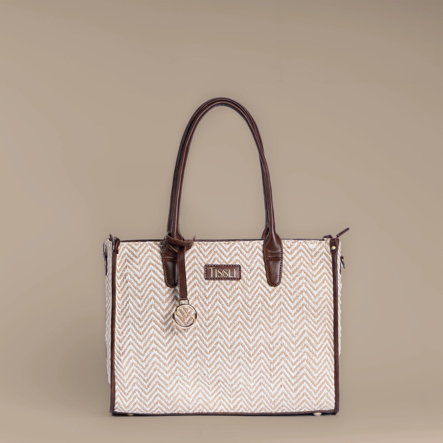 Desert Mirage Beige Chevron Tote Bag with Brown Leather Base | Handwoven Everyday Shoulder Bag
