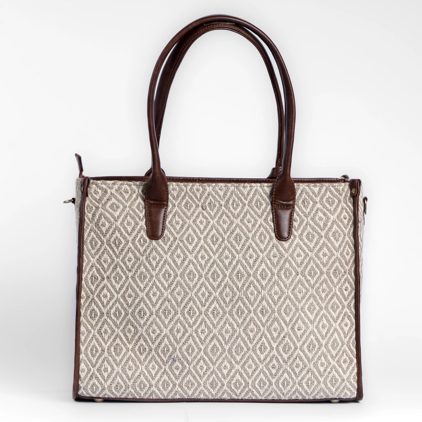 Chandan Khari Ivory Diamond Weave Tote Bag with Brown Leather Handles | Handwoven Everyday Shoulder Bag