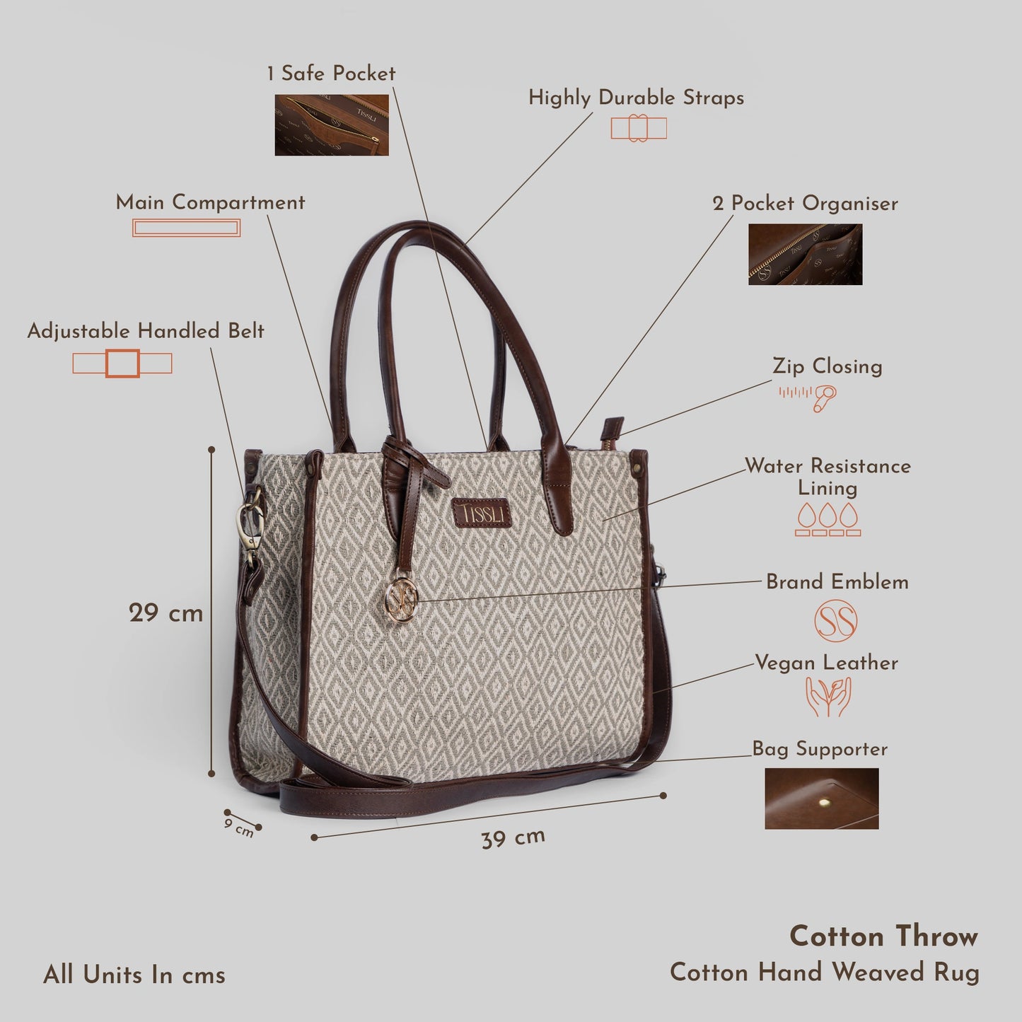 Chandan Khari Ivory Diamond Weave Tote Bag with Brown Leather Handles | Handwoven Everyday Shoulder Bag