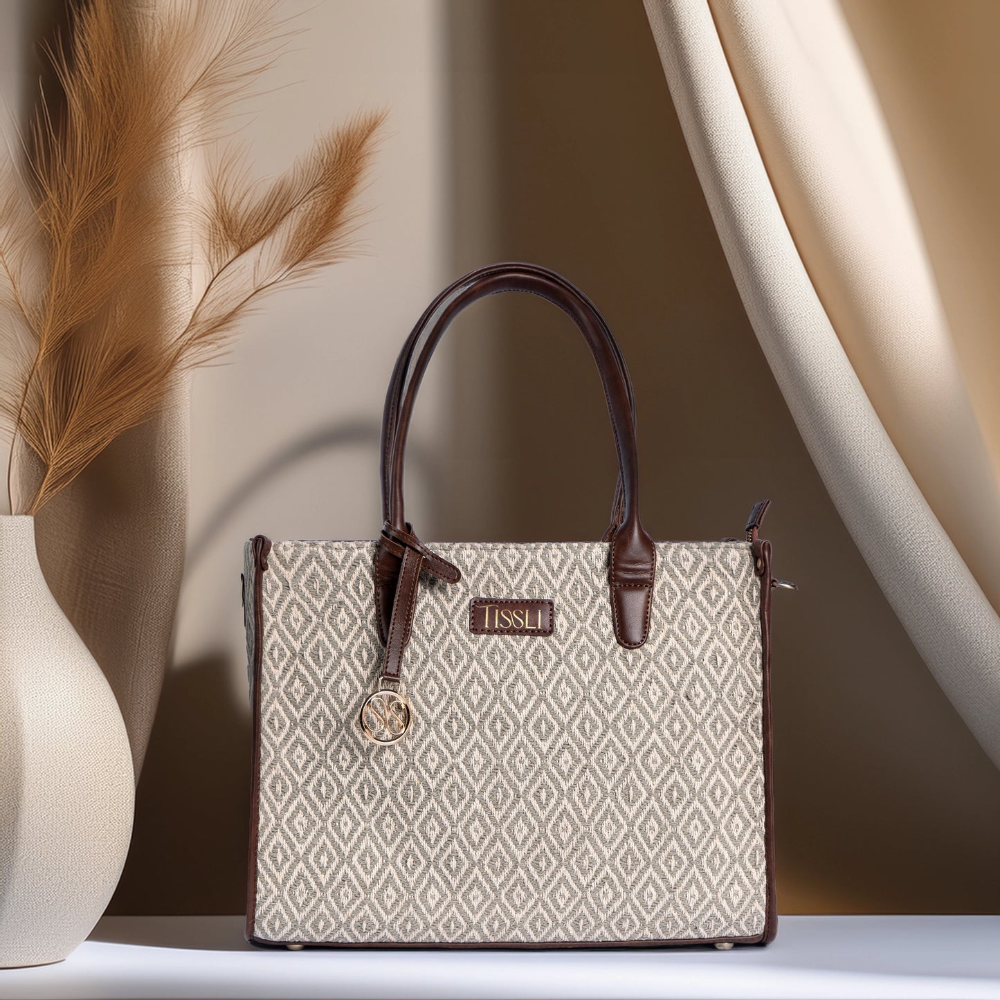 Chandan Khari Ivory Diamond Weave Tote Bag with Brown Leather Handles | Handwoven Everyday Shoulder Bag