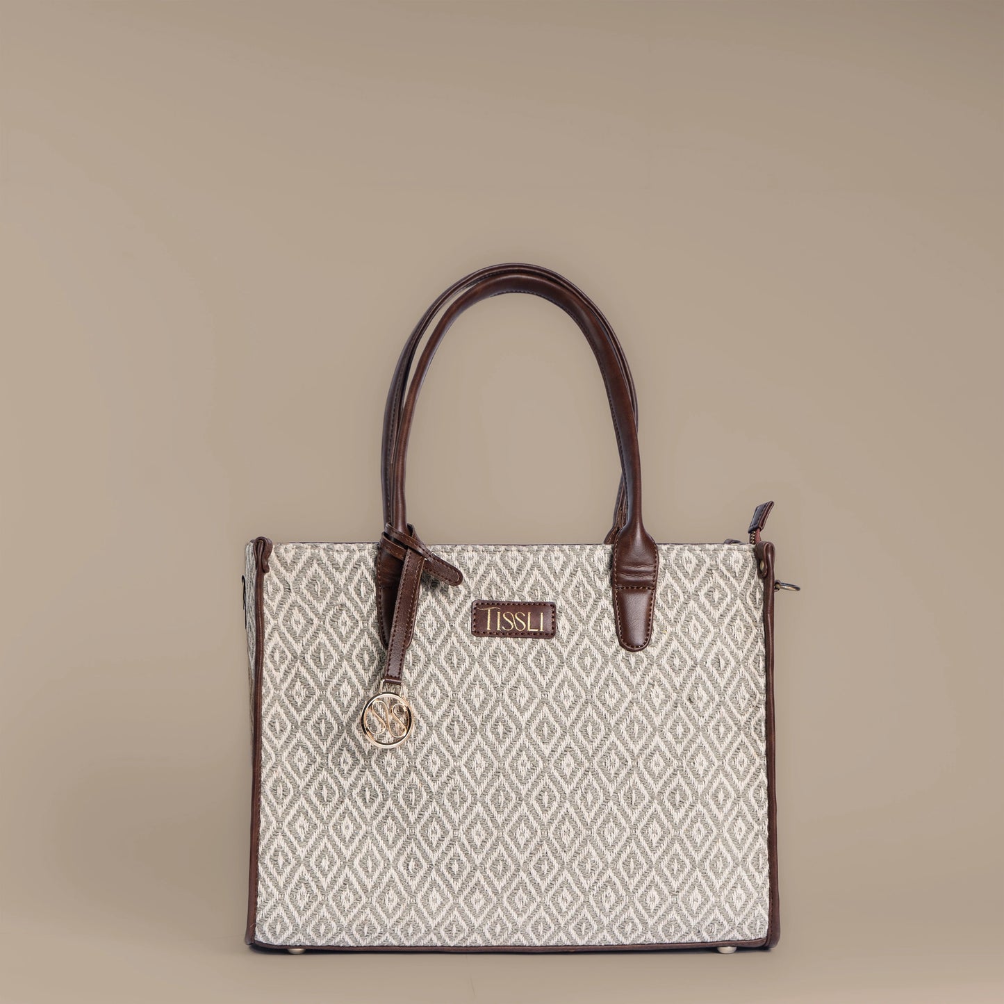 Chandan Khari Ivory Diamond Weave Tote Bag with Brown Leather Handles | Handwoven Everyday Shoulder Bag