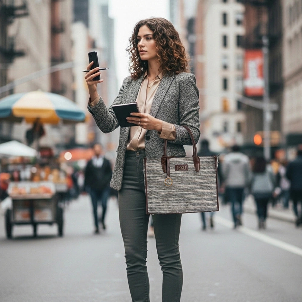 Handwoven Stripe Tote Bag | Classic neutral weave with leather detailing for timeless everyday elegance