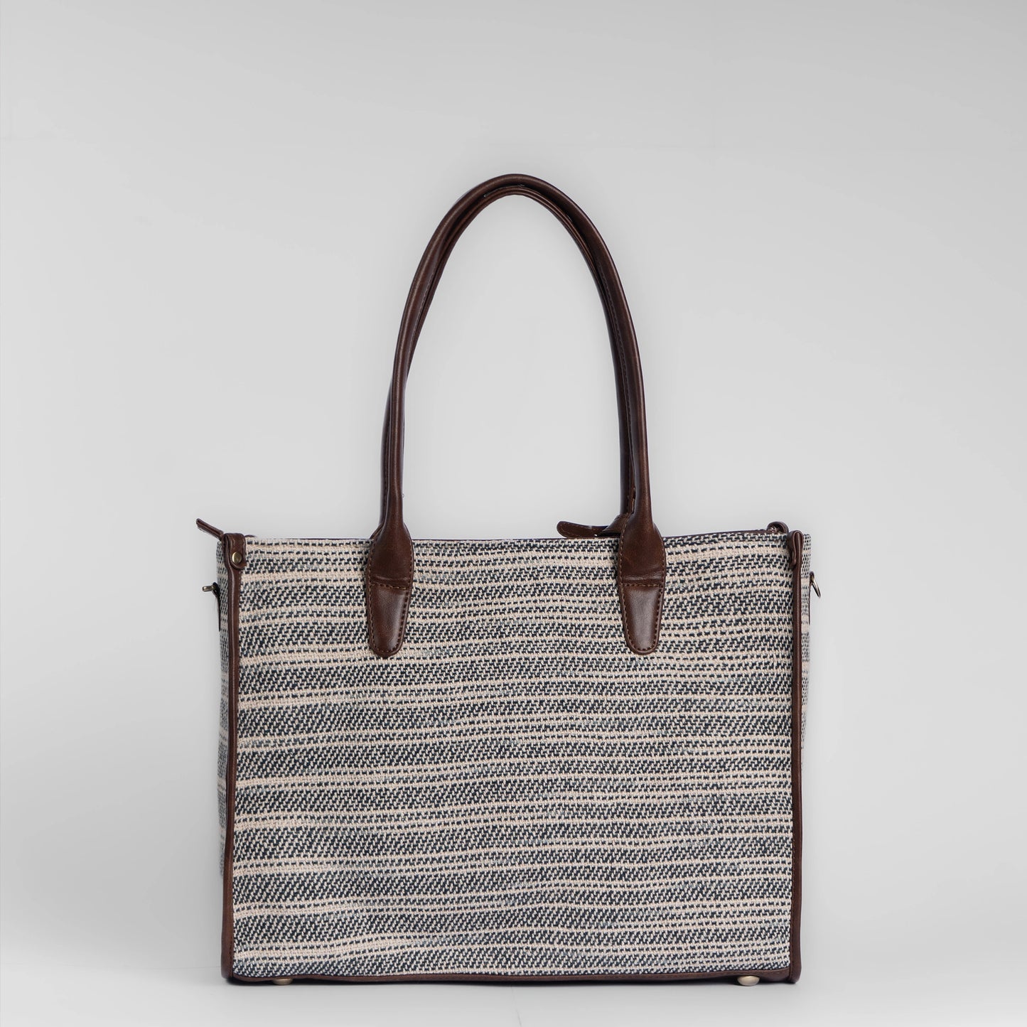 Handwoven Stripe Tote Bag | Classic neutral weave with leather detailing for timeless everyday elegance