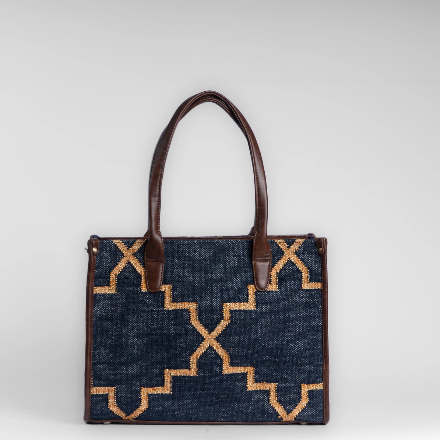 Celestial Lattice Denim Blue Tote Bag with Tan Leather Detailing | Handcrafted Structured Shoulder Bag