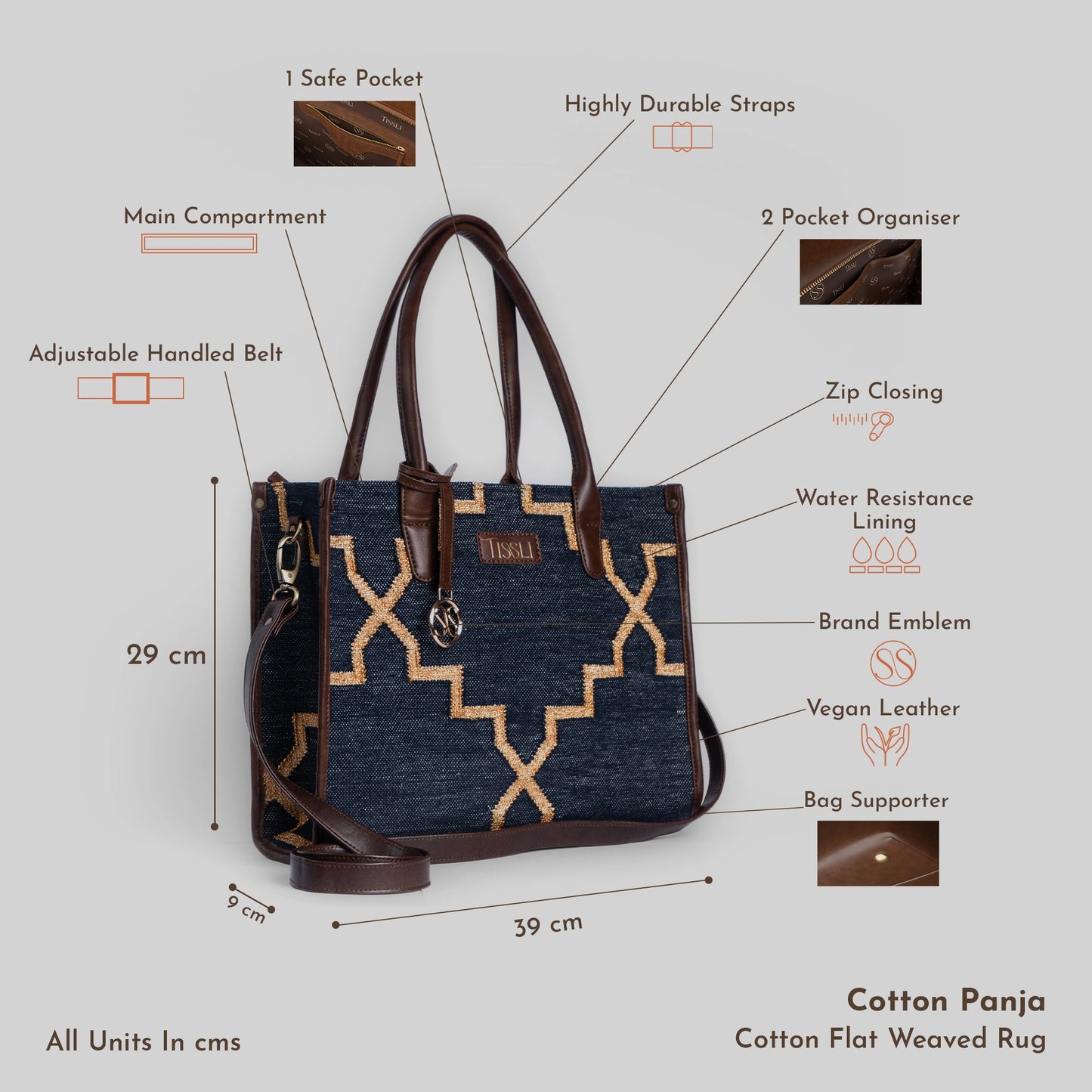 Celestial Lattice Denim Blue Tote Bag with Tan Leather Detailing | Handcrafted Structured Shoulder Bag