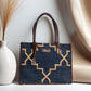 Celestial Lattice Denim Blue Tote Bag with Tan Leather Detailing | Handcrafted Structured Shoulder Bag
