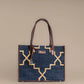 Celestial Lattice Denim Blue Tote Bag with Tan Leather Detailing | Handcrafted Structured Shoulder Bag