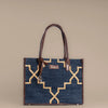 Celestial Lattice Denim Blue Tote Bag with Tan Leather Detailing | Handcrafted Structured Shoulder Bag