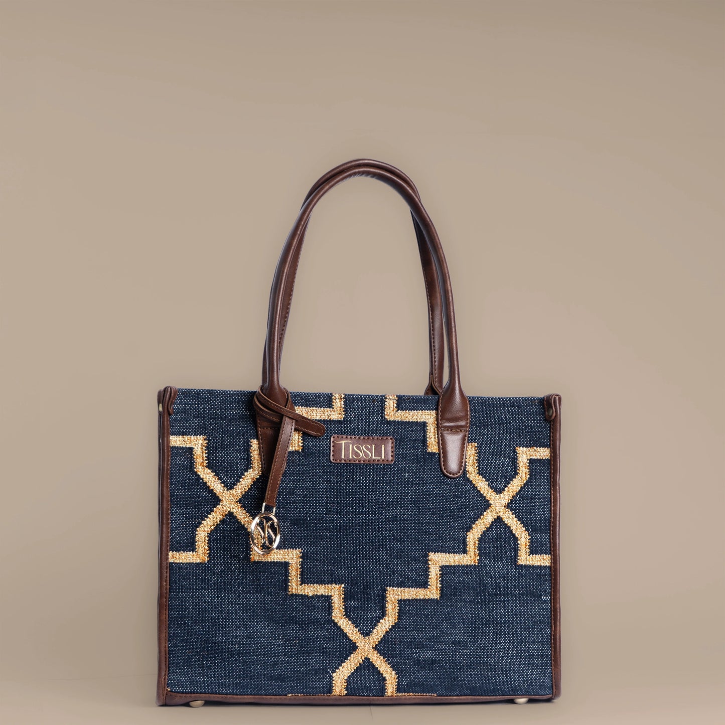 Celestial Lattice Denim Blue Tote Bag with Tan Leather Detailing | Handcrafted Structured Shoulder Bag