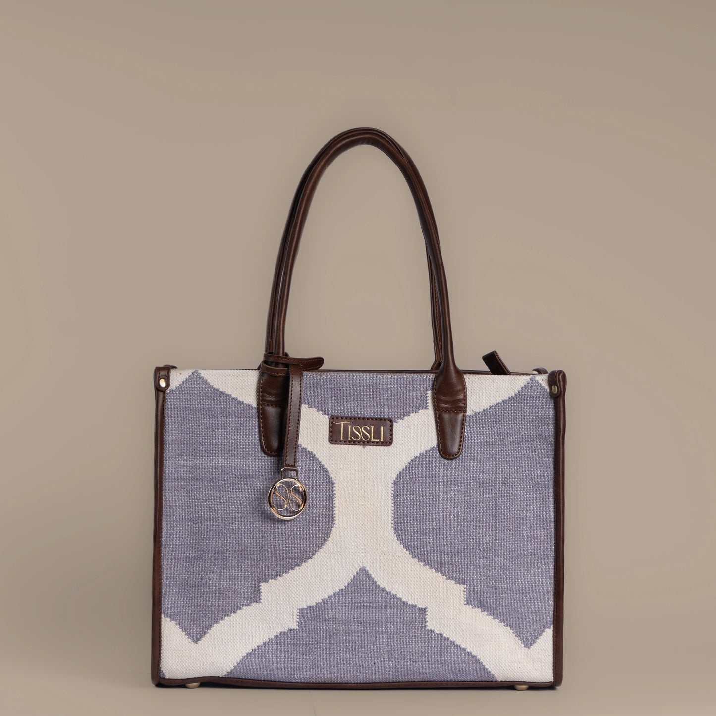 Rajasthani Trellis Tote Bag | Subtle geometric pattern crafted in soft handloom fabric with leather accents