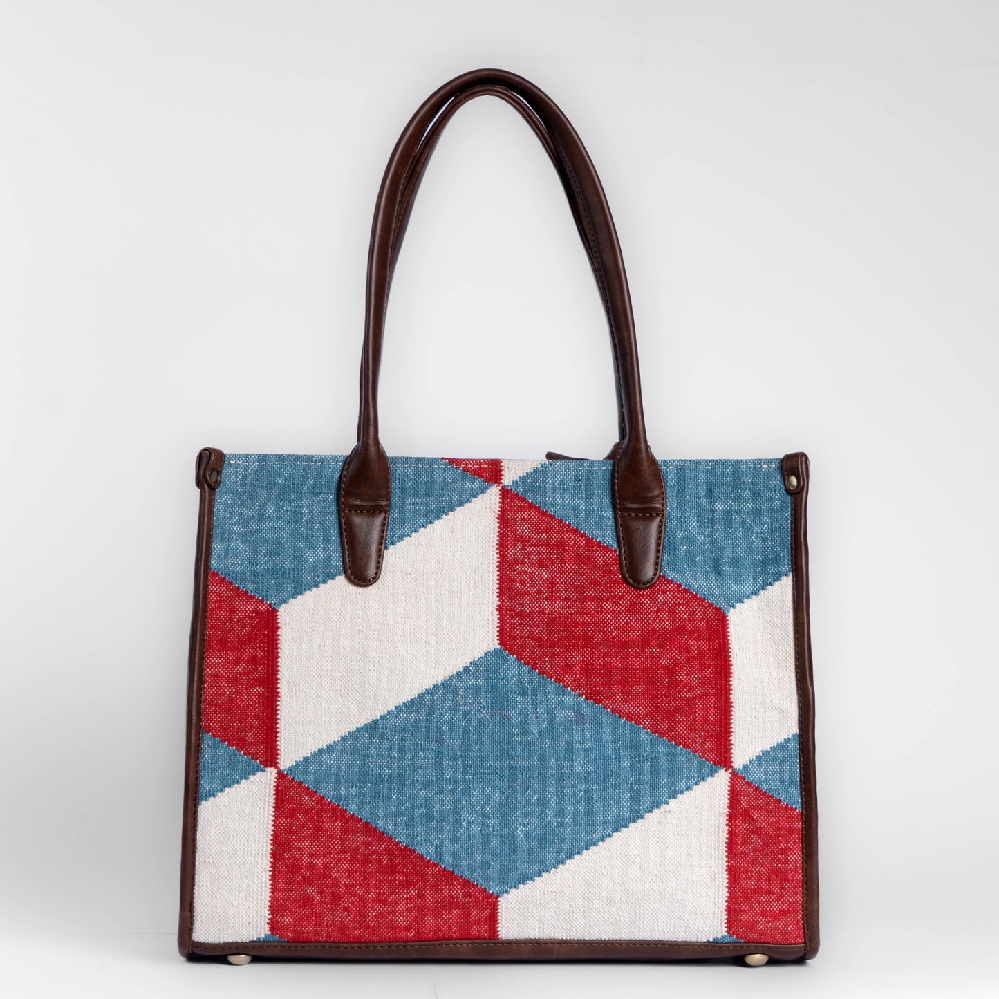 Illusionist Tri-Color Geometric Tote Bag with Brown Leather Handles | Handwoven Statement Shoulder Bag
