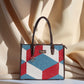 Illusionist Tri-Color Geometric Tote Bag with Brown Leather Handles | Handwoven Statement Shoulder Bag