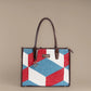 Illusionist Tri-Color Geometric Tote Bag with Brown Leather Handles | Handwoven Statement Shoulder Bag