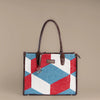 Illusionist Tri-Color Geometric Tote Bag with Brown Leather Handles | Handwoven Statement Shoulder Bag