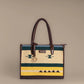 Canyon Stripes Yellow & Teal Pattern Tote Bag with Brown Leather Base | Handwoven Everyday Shoulder Bag