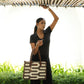 Shadow Maze Black & White Geometric Tote Bag with Brown Leather Base | Handcrafted Everyday Shoulder Bag