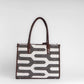 Shadow Maze Black & White Geometric Tote Bag with Brown Leather Base | Handcrafted Everyday Shoulder Bag