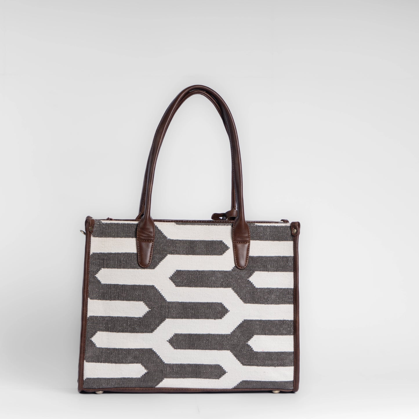 Shadow Maze Black & White Geometric Tote Bag with Brown Leather Base | Handcrafted Everyday Shoulder Bag