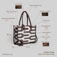 Shadow Maze Black & White Geometric Tote Bag with Brown Leather Base | Handcrafted Everyday Shoulder Bag