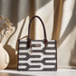 Shadow Maze Black & White Geometric Tote Bag with Brown Leather Base | Handcrafted Everyday Shoulder Bag