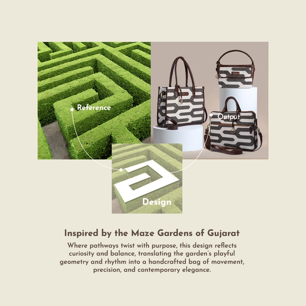 Shadow Maze Black & White Geometric Tote Bag with Brown Leather Base | Handcrafted Everyday Shoulder Bag