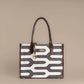 Shadow Maze Black & White Geometric Tote Bag with Brown Leather Base | Handcrafted Everyday Shoulder Bag