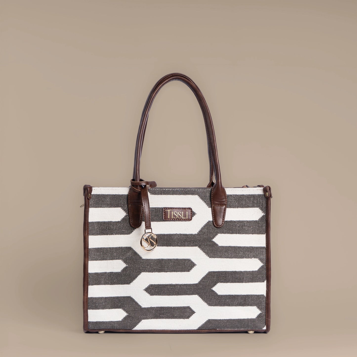 Shadow Maze Black & White Geometric Tote Bag with Brown Leather Base | Handcrafted Everyday Shoulder Bag