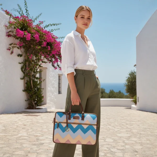 Elegant woman in white linen shirt carrying a Tissli blue chevron handwoven rug laptop bag in a sunny outdoor setting.