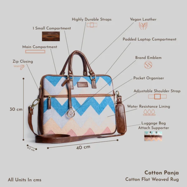 Technical infographic of Tissli azure chevron rug laptop bag showing 40cm width, padded compartment, and vegan leather details.