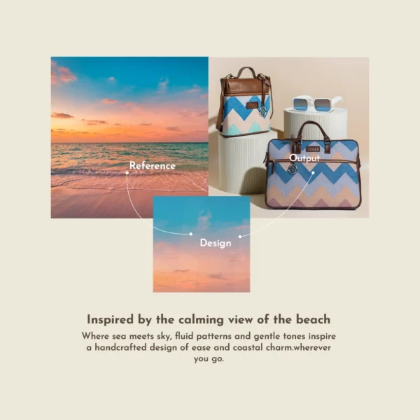Tissli design story infographic showing a beach sunset reference and the resulting blue chevron handwoven rug bag.