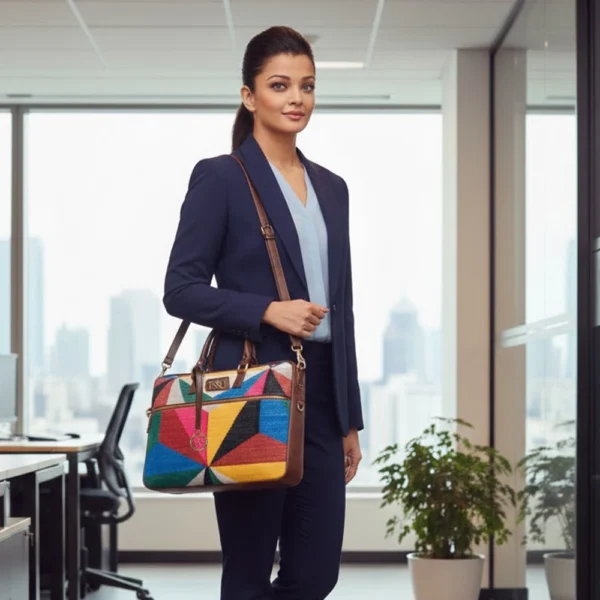 Professional woman carrying a Tissli handwoven rug laptop bag with a vibrant geometric sunburst pattern in an office.