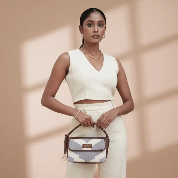 Woman in ivory set holding a Tissli grey and white handwoven rug sling bag with taj-inspired geometric patterns.