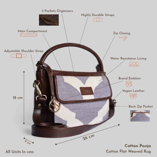 Technical infographic of Tissli Wonder Dome handwoven sling bag showing 26cm width, Cotton Panja weave, and water-resistant lining.