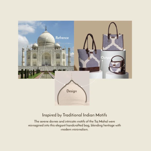 Tissli grey and white handwoven rug sling bag with Taj Mahal-inspired geometric patterns and beige vegan leather.