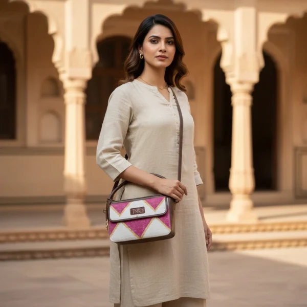 Woman in beige tunic carrying a Tissli pink and gold handwoven rug handbag in a heritage architectural setting.