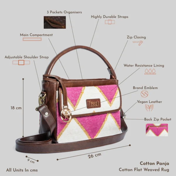 Technical infographic of Tissli pink and gold handwoven rug handbag showing 26cm width, 3 pocket organizers, and vegan leather.