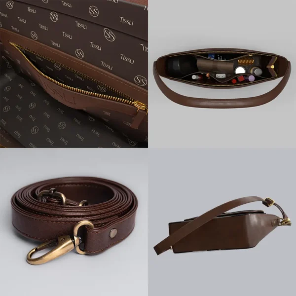 Tissli handwoven rug sling bag with handwoven rug, adjustable crossbody strap, and vegan leather trim.