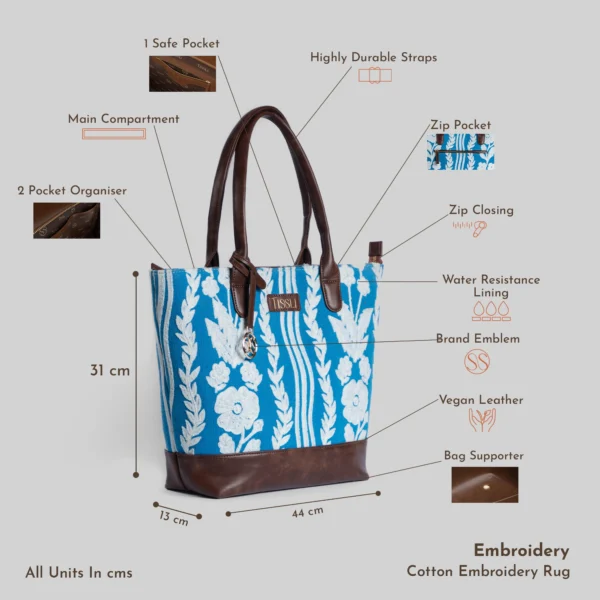 Technical infographic of Tissli cerulean blue handwoven embroidery rug tote with 44cm width and 31cm height.