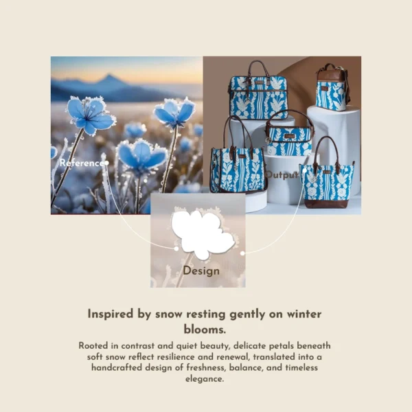 Tissli Winter Bloom cerulean blue handwoven rug tote with white floral embroidery and brown leather base.