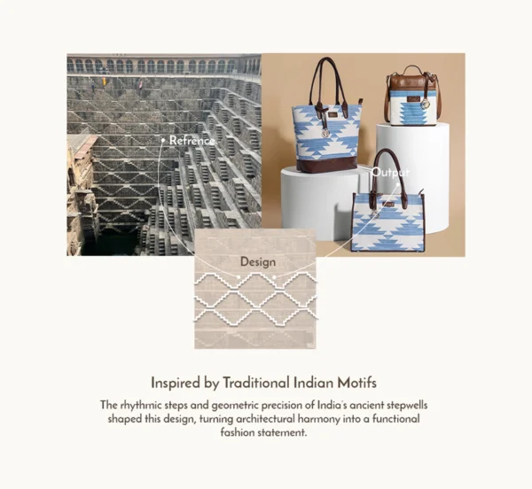 Handwoven blue geometric rug tote bag inspired by Indian stepwell architecture with brown leather base by Tissli.