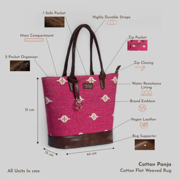 Technical infographic of Tissli magenta handwoven rug tote showing 39cm width, 14-inch laptop capacity, and structured base.