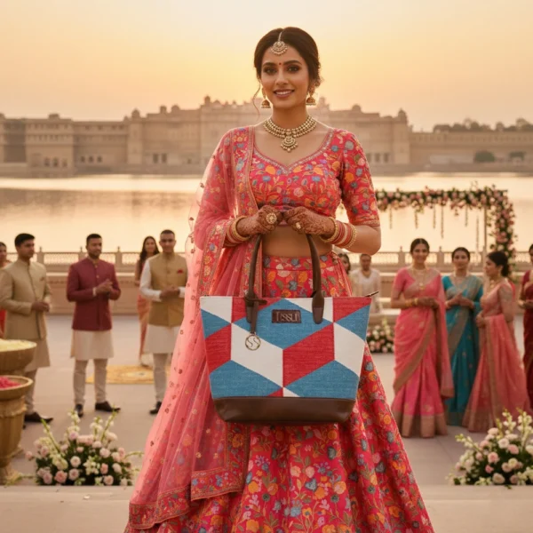 Red, blue, and white geometric handwoven rug tote bag with brown vegan leather base and brass Tissli charm.