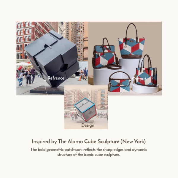 Red and blue geometric Cotton Panja woven rug tote bag with vegan leather base inspired by the Alamo Cube sculpture.