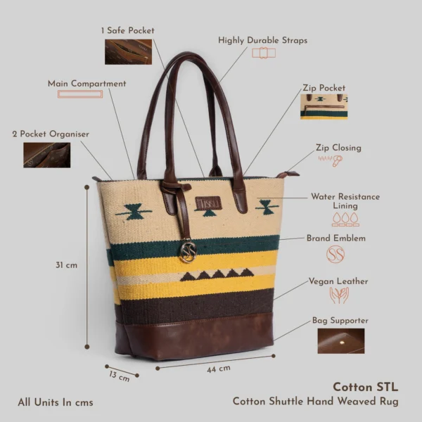 Tissli Tribal Earth mustard and forest green handwoven shuttle rug tote with structured brown leather base.