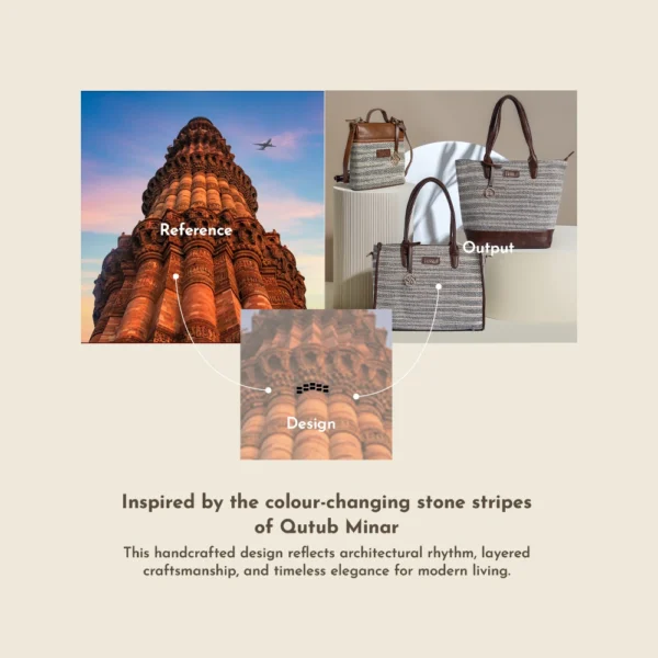 Tissli charcoal and cream handwoven rug tote with boxy structure and chocolate brown leather piping.