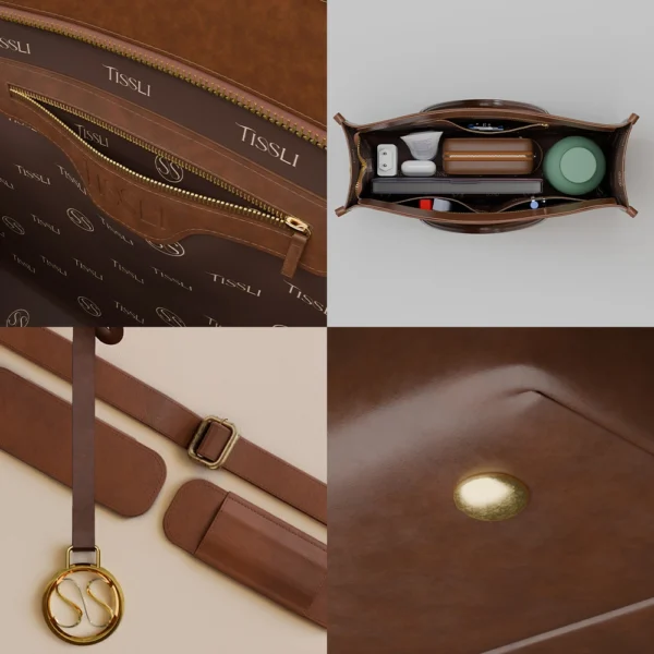 Tissli tan vegan leather work tote with gold-tone hardware, structured base studs, and internal organisers.